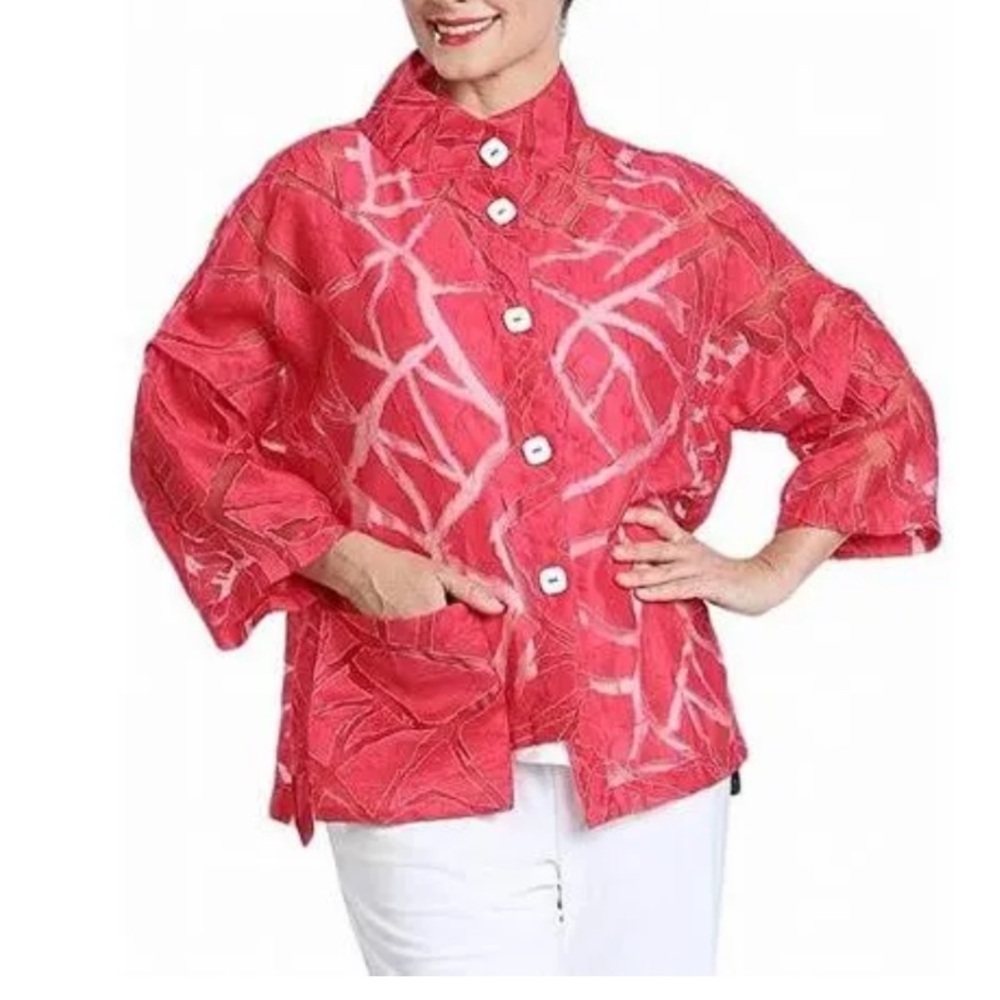 IC by Connie K Lagenlook Sheer Boxy Button Down Oversized Shirt Red Medium